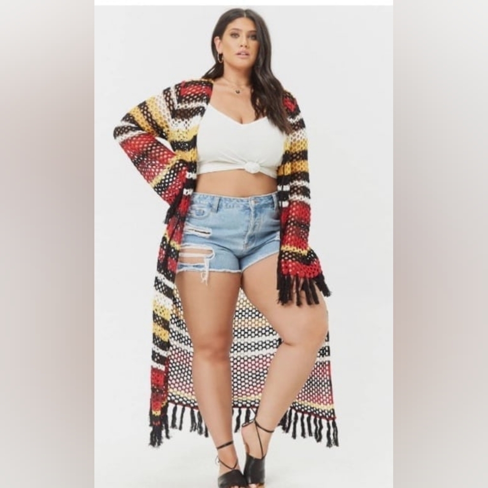 Forever 21 Black Red Plus Size Striped Granny Crochet Cardigan Duster Women's 2X